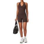 Women's Seamless Yoga Fitness Sets Sports Halter Neck Backless Vest Hip-lifting Slim Fit Shorts Suits Running Workout Gym Sets