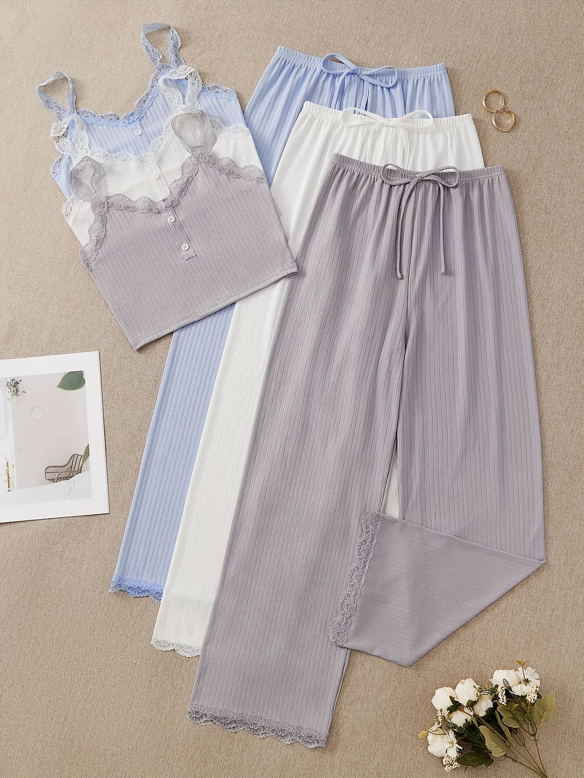 Women Ribbed Pajama Set Lace Trim Cami Top and Pants Sleepwear Soft Breathable Button Front Loungewear