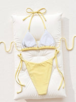 Sexy Triangle Micro Bikini 2026 Women Yellow Halter Metal Button Push Up Bra Two Piece Swimwear Bathing Suit Holiday Swimsuit