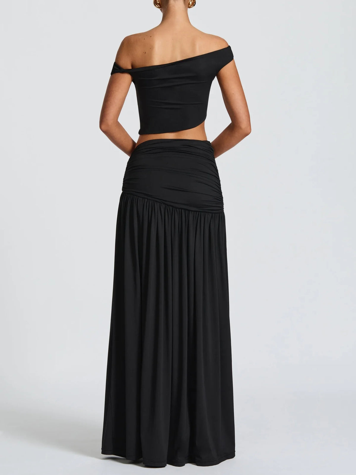 Summer Skirt Set Women Metal Flower Sexy Off Shoulder Slim Crop Top High Slit Skirt Sets Fashion Backless Pleated 2 Piece Suits