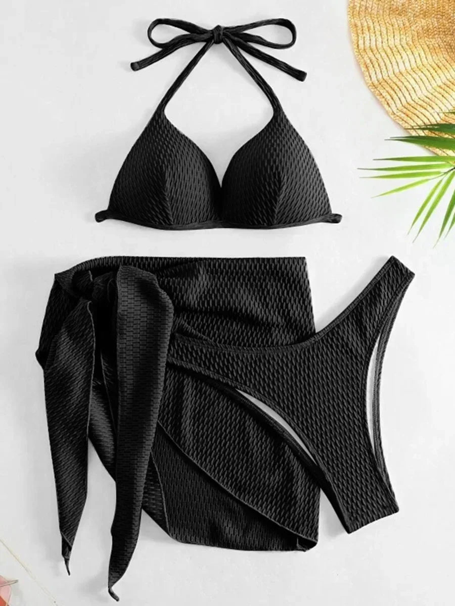 With Skirt Wrinkled Bra Cup Bikini Female Swimsuit Women Swimwear Three-pieces Bikini Set Push Up Bathing Suit Swim Beachwear