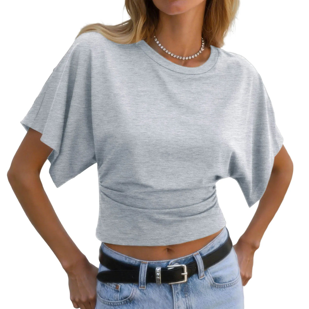 Y2k Solid Cotton O-Neck Ruched Waist Short Top Women Short-Sleeved Loose T-Shirt Causal All-Match Short Summer Basic T Shirts