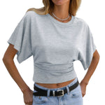 Y2k Solid Cotton O-Neck Ruched Waist Short Top Women Short-Sleeved Loose T-Shirt Causal All-Match Short Summer Basic T Shirts