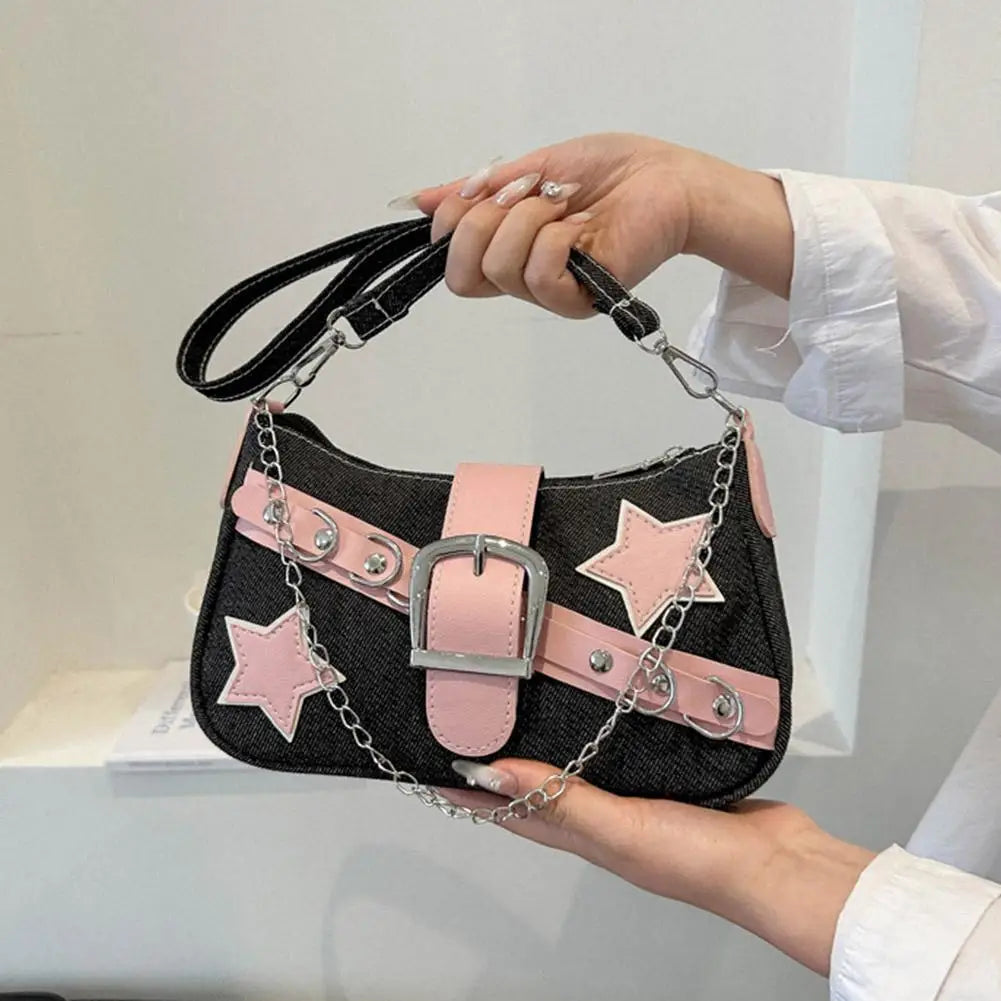 Fashion Women's Handbags Denim Stars Pattern Cool Girls Underarm Bag Female Small Shoulder Hobo Bags Chain Tote Bag