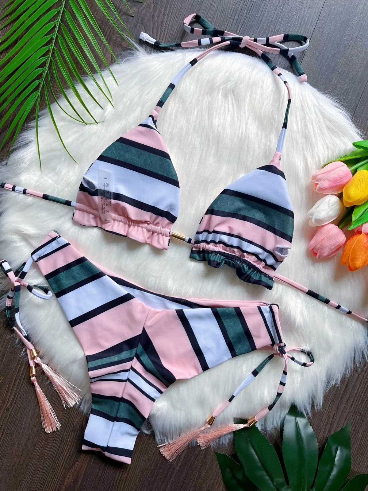 2026 New Women's Swimsuit Neck Hanging Bikini Set Split Beach Swimsuit 2-piece Set with Tassel Decoration