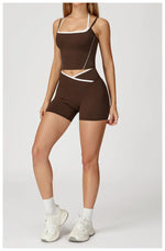 Yoga Shorts Sets Fake Two Piece Hanging Neck Shockproof Vest High Waist Pants Fitness Suit Breathable Women's Tight Sports Set