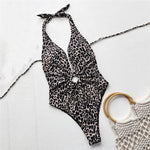 Leopard Print Halter Backless Swimwear Sexy One Piece Swimsuit Women 2026 Hollow Out Bathing Suit Metal Wrinkled Monokini Swim