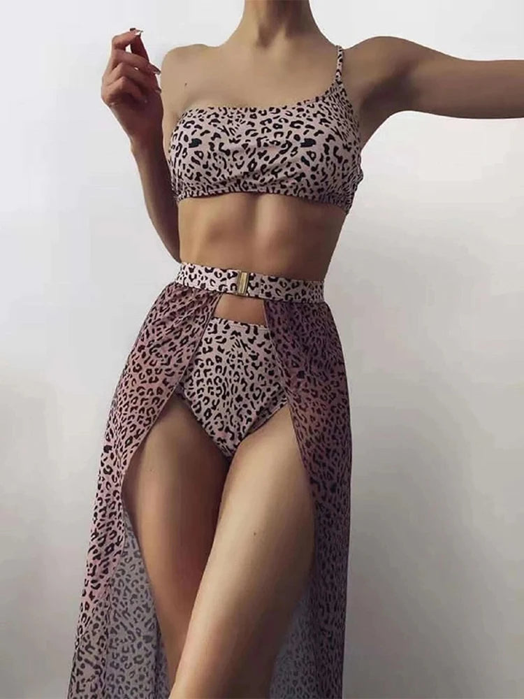 New One shoulder Bikini 2025 Female Swimsuit Women Swimwear Three-pieces Bikini set Mesh Long Skirt Beach wear Bathing Suit Swim