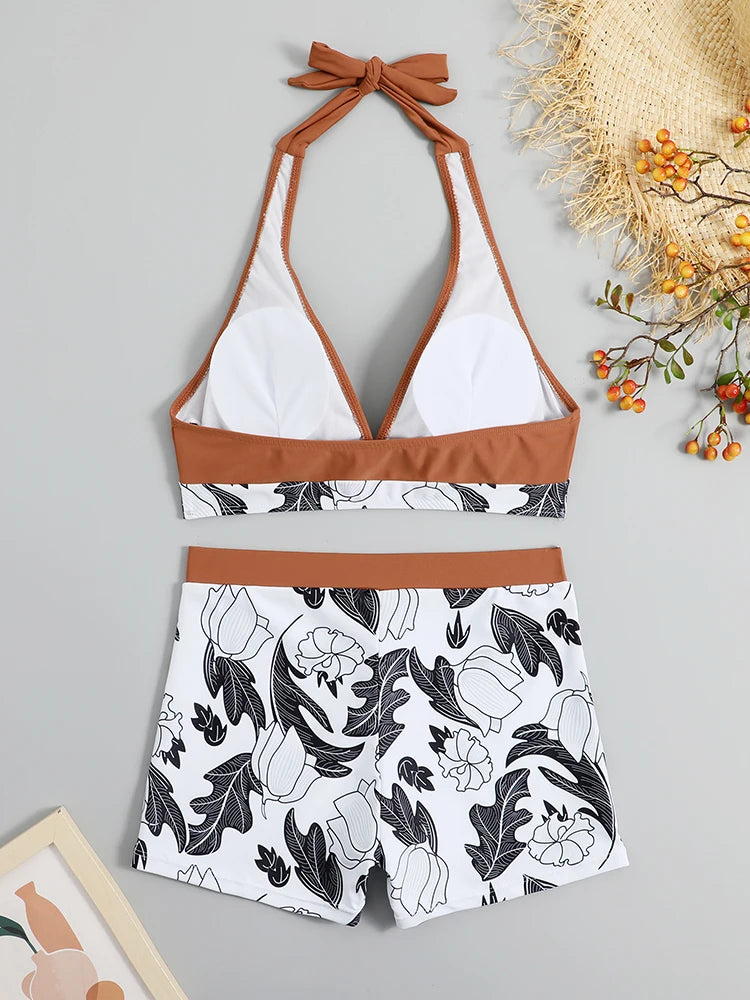 2026 Halter Bikini Set Short Swimsuit Women High Waist Swimwear Female Printed Bathers Swimming Bathing Swim Suit Beachwear