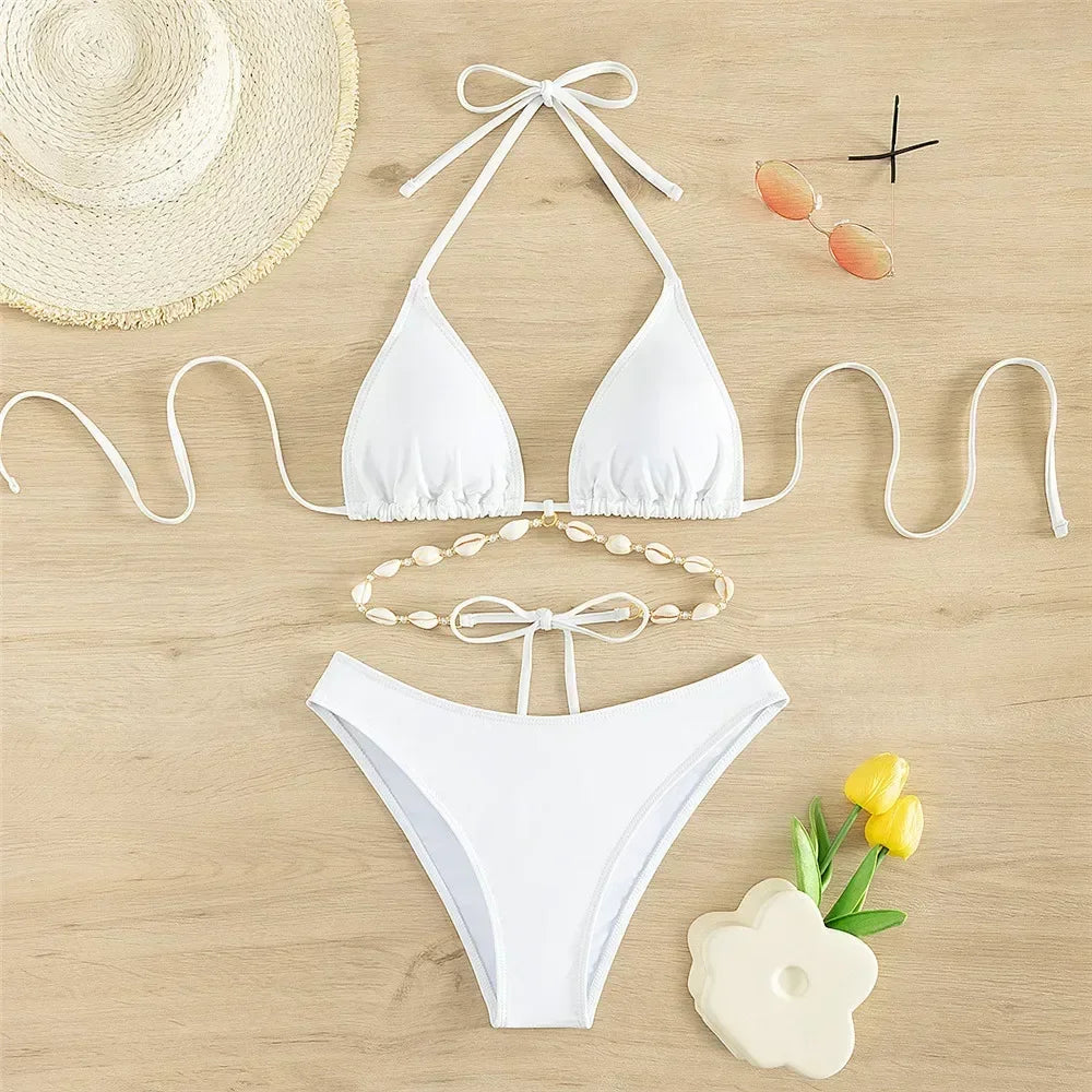 Sexy White Shell String Halter Triangle Bikini Set Women Swimwear Micro Thong Swimsuit Bathing Suit Mini Bikinis 2026 Mujer Swim