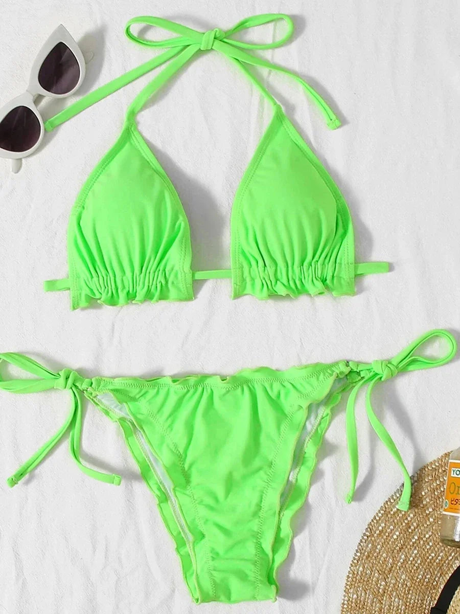 Halter String Ruffled Frilled Bikini 2026 Women Swimsuit Female Swimwear Two Pieces Bikini Set Padded Bather Bathing Suit Swim