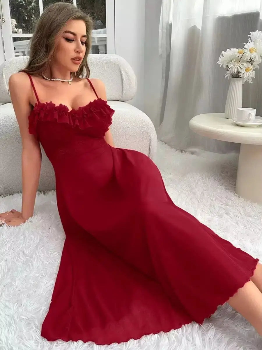 Women White Lace Ruffle Spaghetti Strap Midi Dress Ruched Flowy Wedding Guest Evening Party Dress