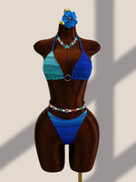 Sexy Blue Gradient Knitted 4 Piece Bikini Set 2026 Swimwear Women Long Sleeve Cover Up Drastring Skirt Holiday Thong Swimsuit