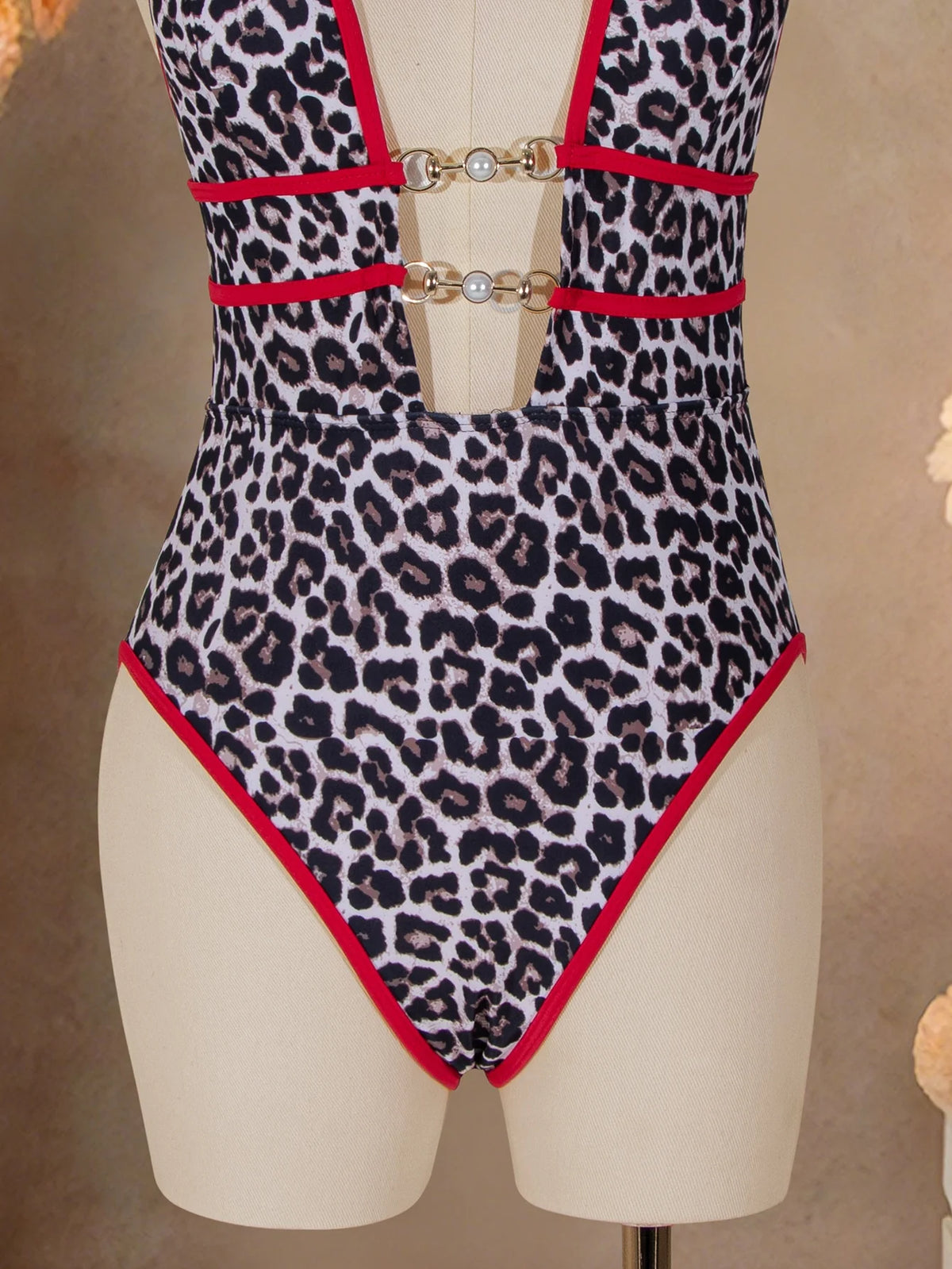 Sexy Red Leopard Print Contrast One Piece Swimsuit 2026 Women Pearls Hollow Out Deep V Neck Backless Slim Bathing Suit Swimwear