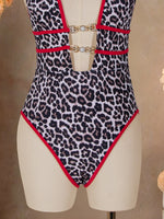 Sexy Red Leopard Print Contrast One Piece Swimsuit 2026 Women Pearls Hollow Out Deep V Neck Backless Slim Bathing Suit Swimwear