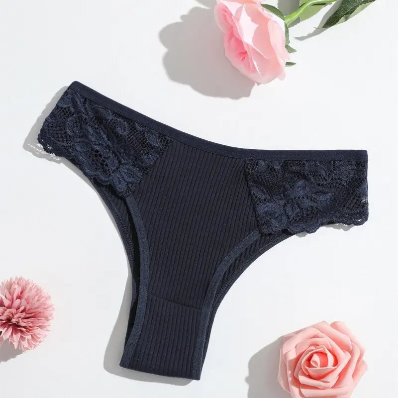 1 Pack Women's Lace Trim Ribbed Cotton Panties Breathable Low-Waist Briefs Sexy Side Lace Lingerie Skin-Friendly Underwear S-L