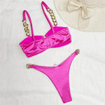 Sexy Rose Red Satin Swimwear Women Bandeau Metal Ring Bikinis Sets Swimsuit High Cut Bathing Suit Thong Bikini 2026 Mujer Bather