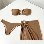 2026 Sexy Bikini Women Coffee Metal Water Droplet Ornament Push Up Mesh Skirt 3 Piece Swimsuit Beach Bathing Suit Swimwear