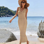 S - XL 2025 V Neck Hollow Out Crochet Knitted Tunic Beach Cover Up Long Cover-ups Beach Dress Beach Wear Beachwear Female Women