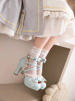 Blue White Ankle Sandals Girls Lace Strap Ankle Women High Heels Mary Janes Pumps Party Wedding Dress Bow Princess Lolita Shoes