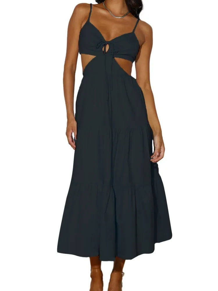 Spaghetti Strap Vacation Long Dress For Women Summer 2025 Fashion Elegant Sleeveless Backless Hollow Out Vestidos Party Dresses