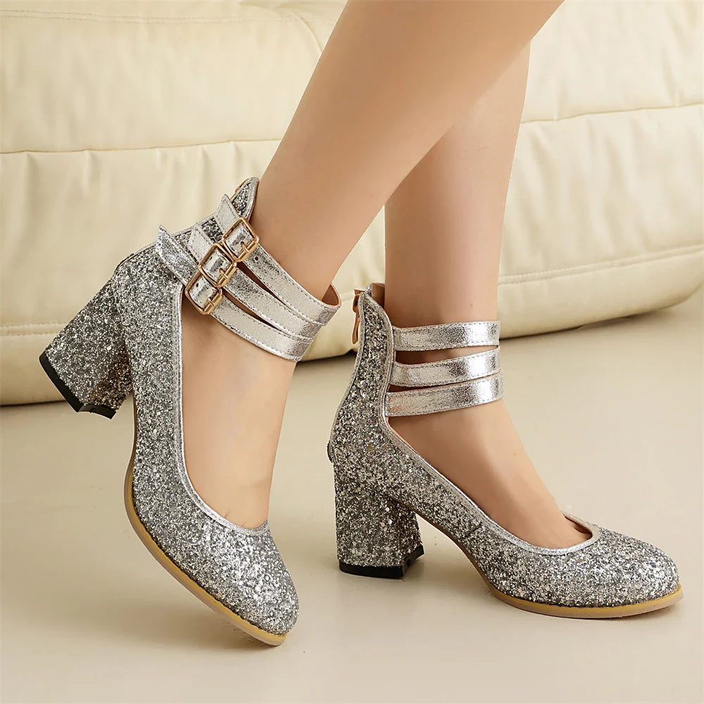 Big Size 48 Bling Sequined Silver Wedding Pumps Elegant Block High Heels Shoes Women Black Gold Glitter Ankle Strap Party Pumps