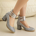 Big Size 48 Bling Sequined Silver Wedding Pumps Elegant Block High Heels Shoes Women Black Gold Glitter Ankle Strap Party Pumps