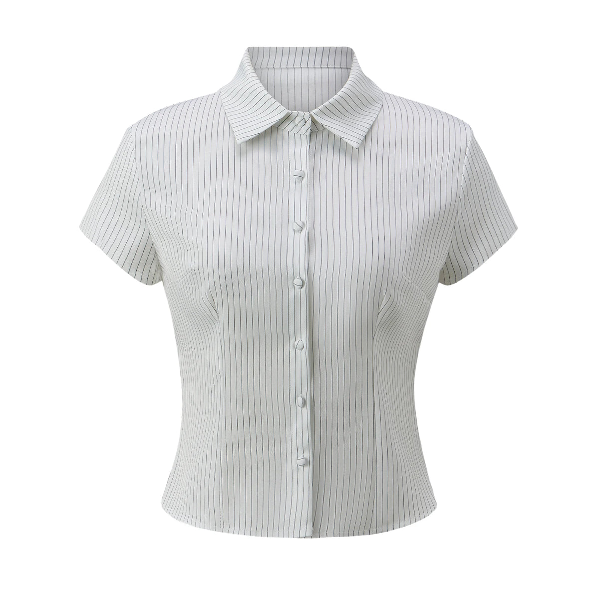 Women Button Down Slim Fit Striped Shirt Fashionable Summer Short Sleeve Turn Down Collar Tops for Casual Daily Wear