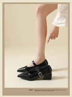 Mid-length Single Shoes Spring and Summer New Fashion Belt Buckle Pointed Toe Comfortable Shallow Toe Leather Shoes