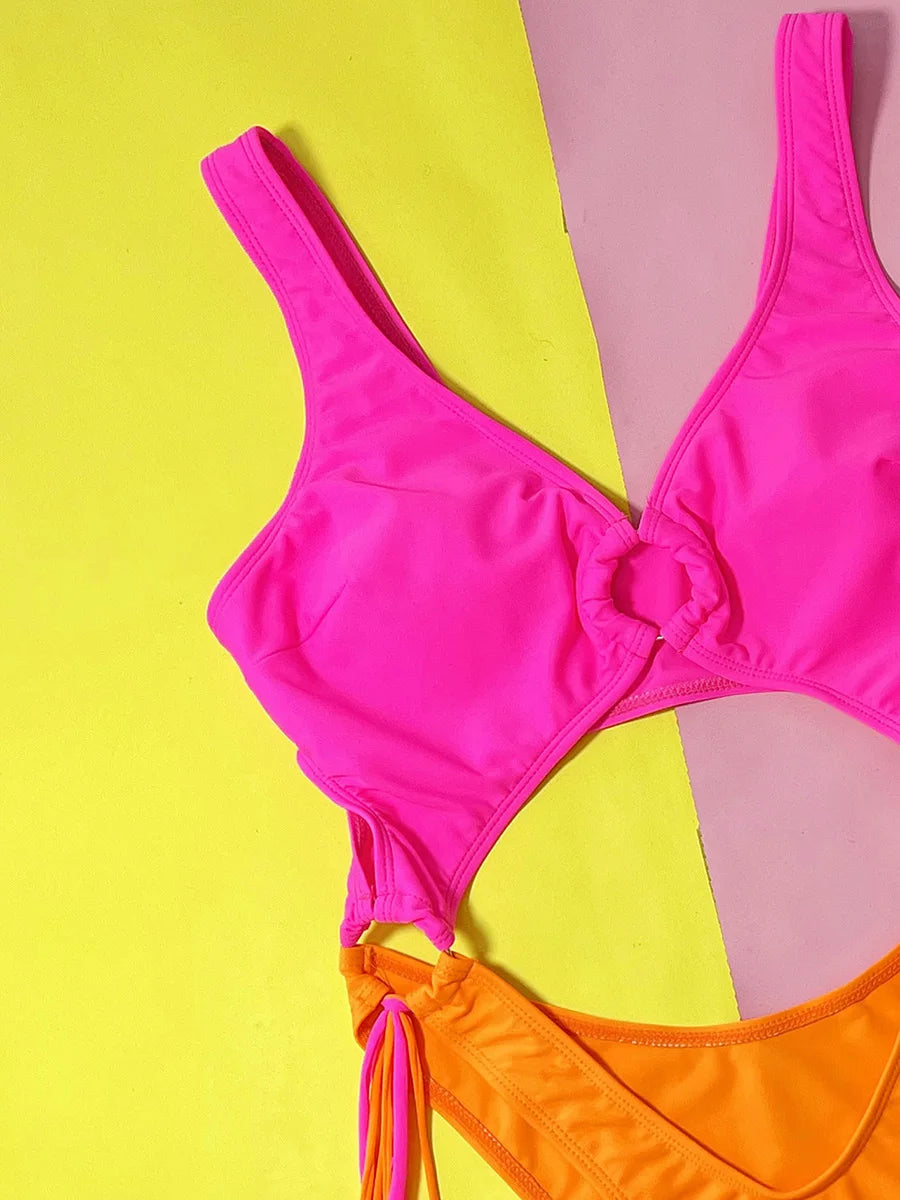 Sexy Splicing Tummy Cut Out Female Swimwear One Piece Swimsuit Women Tassel Monokini Bather String Bathing Suit Swim Bodysuit
