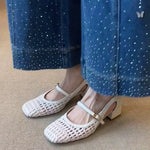 French Single Shoes Women Spring Summer Cutout Woven Square Toe Kitten Heel Block Heel Off-White Sandals
