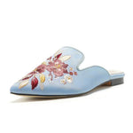 2026 Big Size 43 Summer Women's Blue Mules Slipper Sandals with Silk Flowers Embroidery Comfy Walking Slide Flat Satin Shoes
