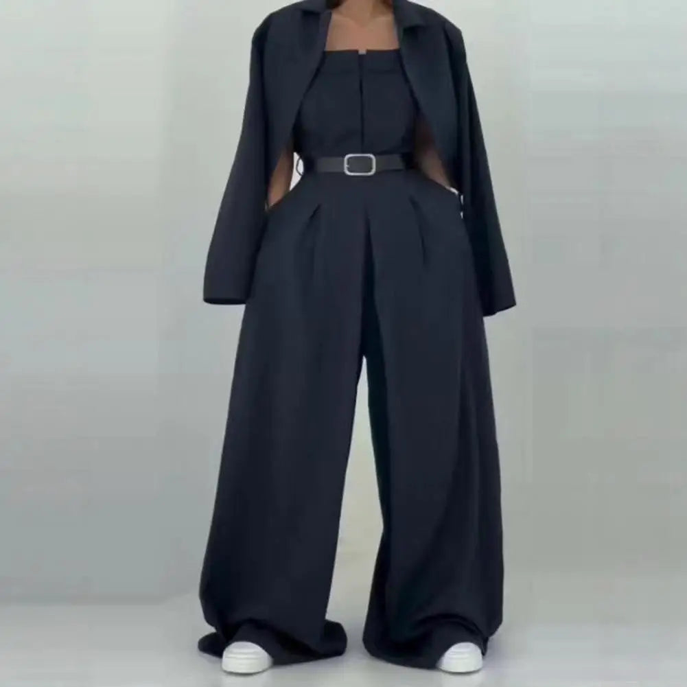 Women's Business Outfit Cropped Blazer Strapless Tube Top Jumpsuits 2 Piece Suit Set Belted Wide Leg Romper Office Work Clothes
