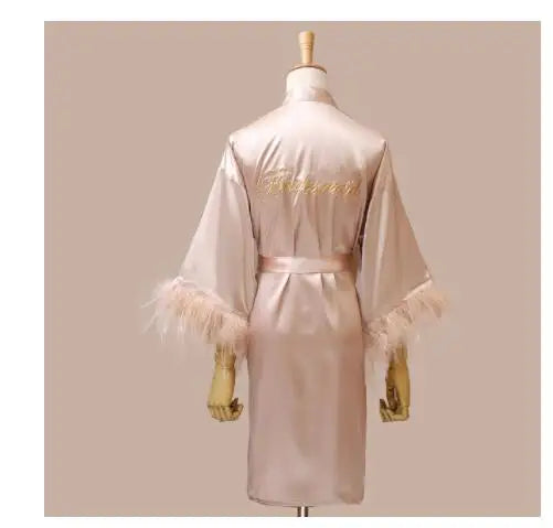 Women FEATHER Bride Bridesmaid Wedding Robe Satin Kimono Bathrobe Gown Nightwear Embroidery Letter Nightgown V-Neck Lingerie