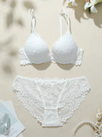 Floral Lace Women's Underwear Set Front Closure Push Up Bra Breathable Panties Daily Solid Sexy Lingerie