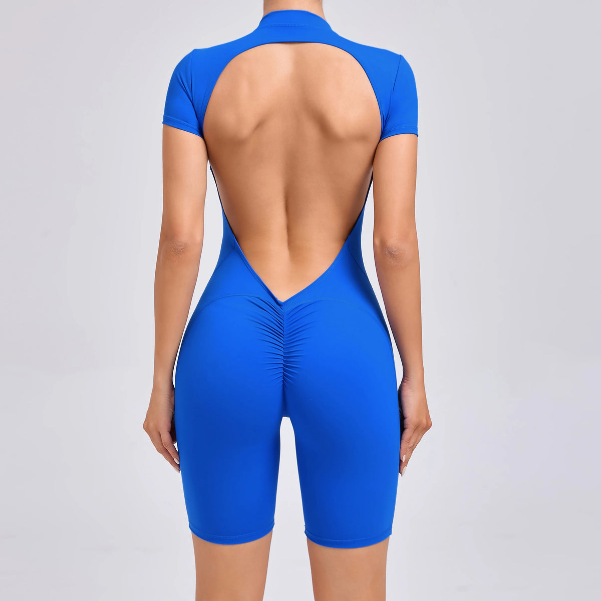 Padded Backless Yoga Cycling jumpsuitWomen Zipper GYM Sportswear Fitness One Piece Sports Suit V Back Workout Playsuit