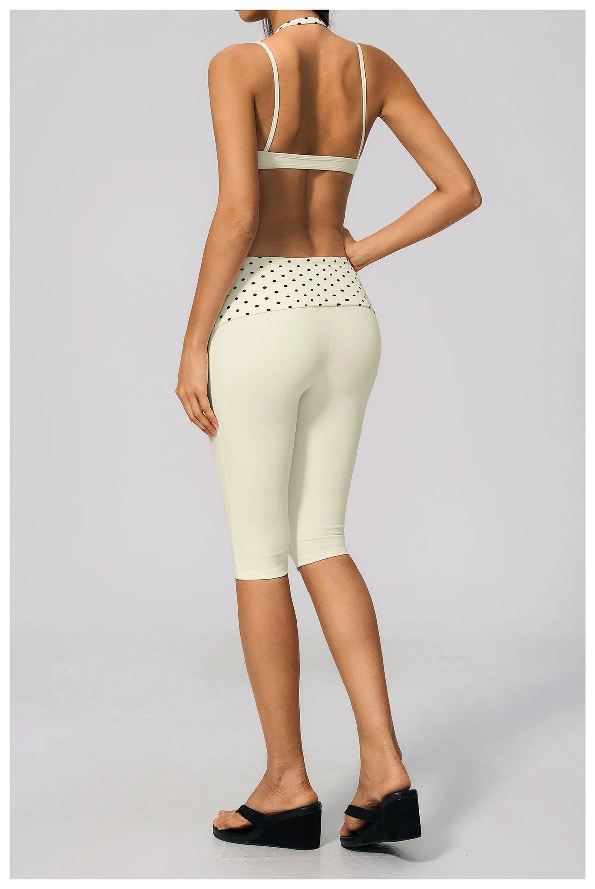 Summer Polka Dot Yoga Sets Women Hanging Neck Shockproof Sports Bra Fitness Suit Folding High Waist Mid Pants Gym Tracksuit