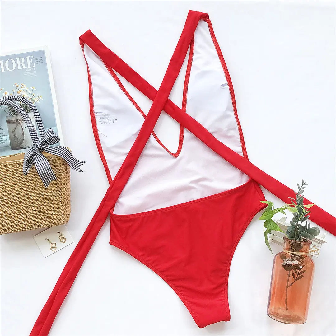 Sexy Wrap Around Bandage Women Swimwear One Piece Swimsuit Female Bather Deep V Neck Bathing Suit Swim Backless Monokini V1639C
