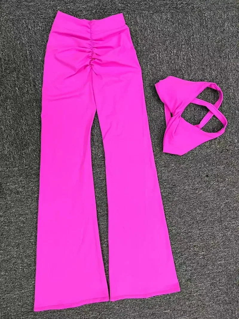Women's Seamless Yoga Sets Brushed Fabric Flared Hip-Lifting Pants Cross Beauty Back Bra Suits Gym Workout Fitness Training Sets