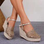 Big Size 43 Mesh Hollow Closed Toe Espadrille Wedge Sandals Women Adjustable Ankle Strap High Heel Summer Boho Beach Shoes