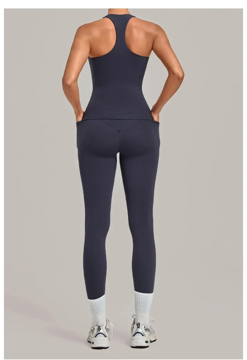 Women's Seamless Yoga Sets Sports Fitness Hip-lifting High Waist Pant Sleeveless Backless Suits Workout Running Leggings Sets