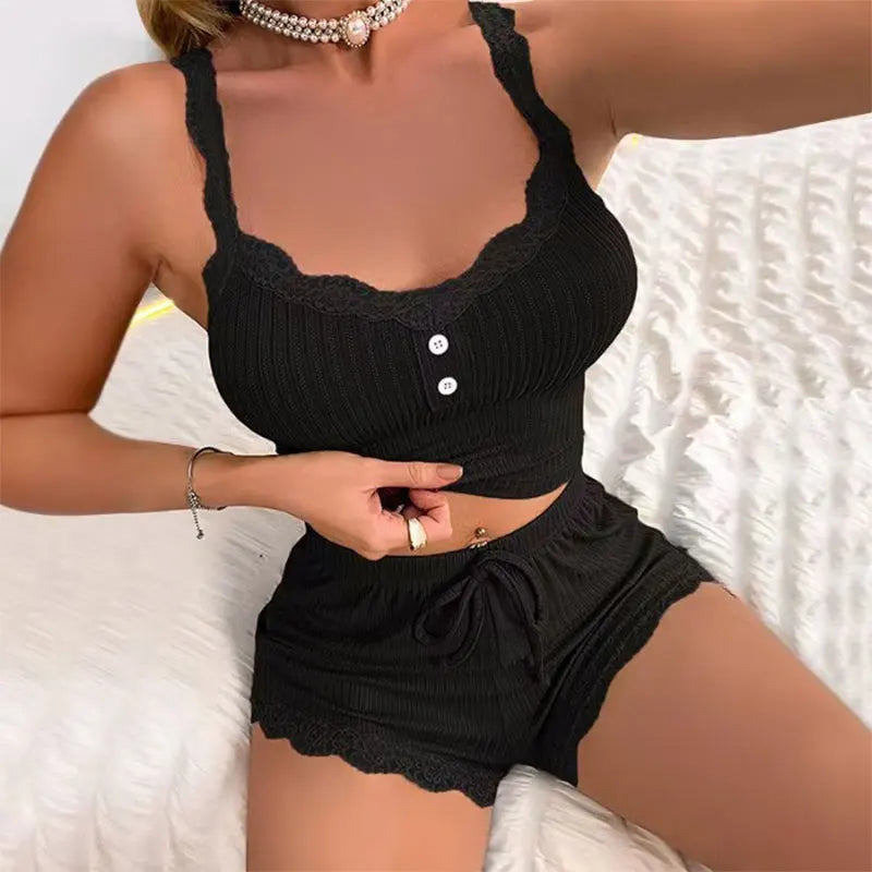 Women Pajama Underwear Sets Solid Color Bra Briefs Set Lace Tank Tops Shorts Female Pajamas Summer Intimate Lingerie Nightwear