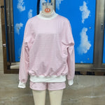 Striped Print Suits for Women Casual Loose Fit Stylish Crew Neck Long Sleeve Tops and Shorts Fall 2 Pcs Set