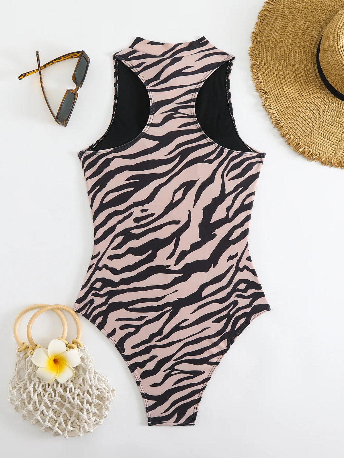 Zebra Print One Piece Swimsuit Woman High Neck Bodysuit Zipper Swimwear Beach Wear Leopard 2024 Bathing Suits Holiday Summer