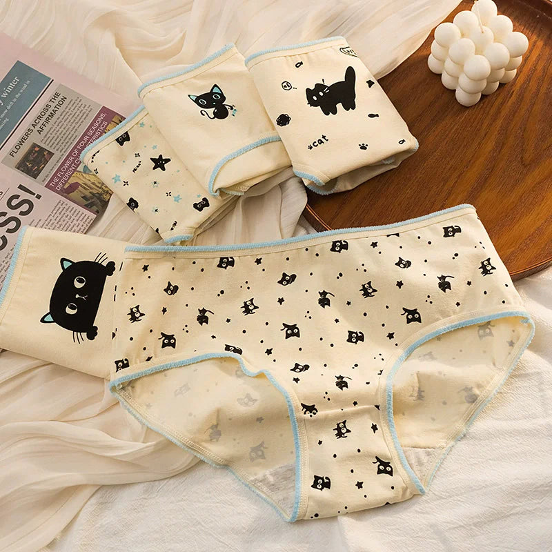 5Pcs/Set Women's Cotton Briefs Cute Black Cat Print Underwear Soft Breathable Underpants Mid-Waist Panties For Female Lingerie