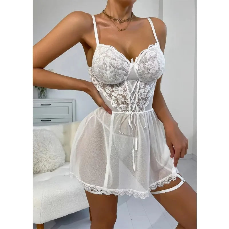 Soild Lingerie Erotic Nightwear Womens' Nightdress Sexy Pajamas Lace Nightclub Fun Underwear Hollow Backless Ladies Nightgown