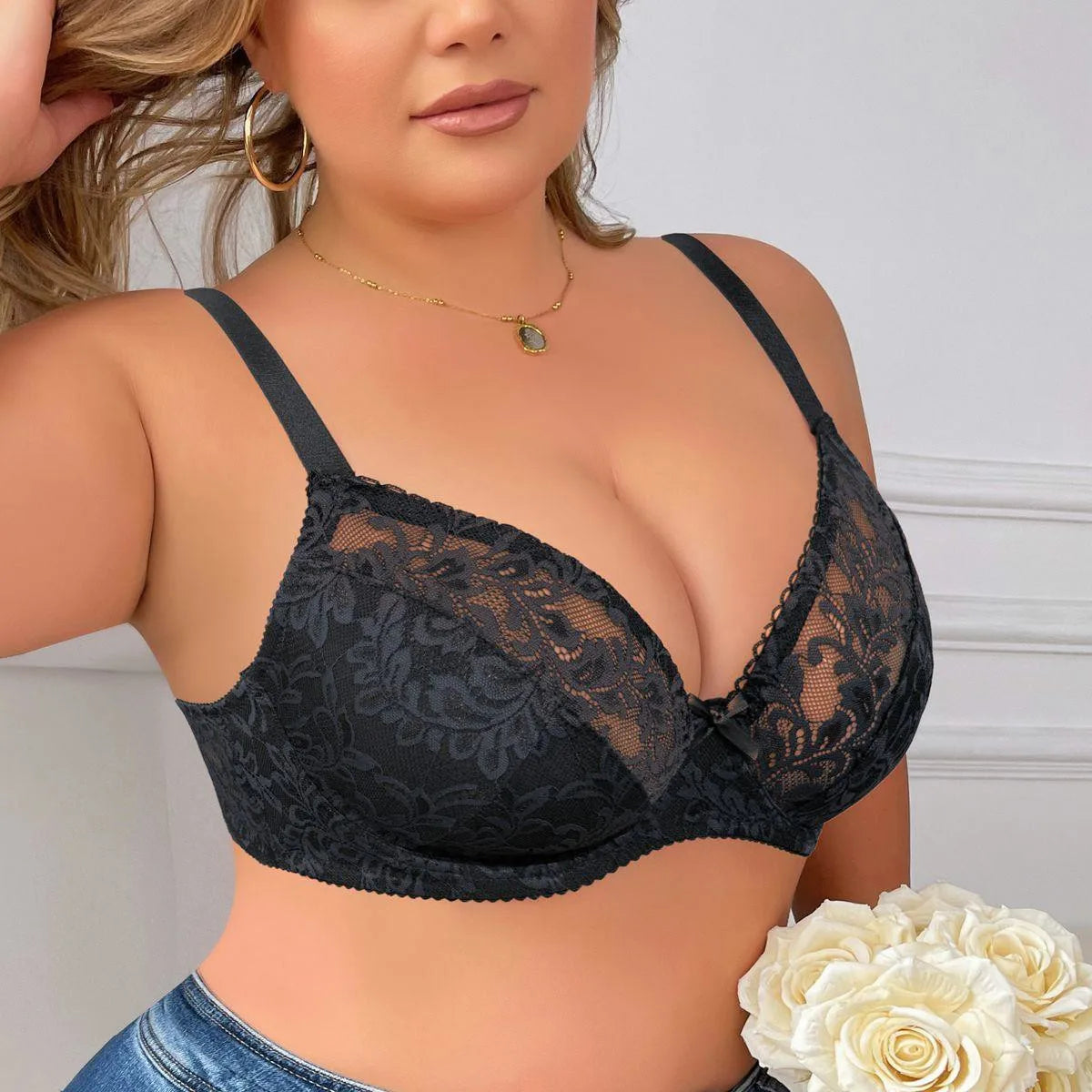 Beauwear Plus Size Bras for Women Floral Lace Underwear with Wire Ultra Thin Lingerie