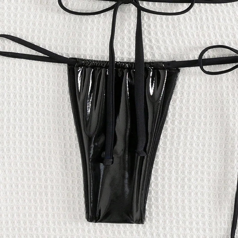 Sexy Metallic Black Halter String Micro Mini Bikinis Sets Two Piece Backless Swimwear Swimsuit Women Biquini Thong Bathing Suits