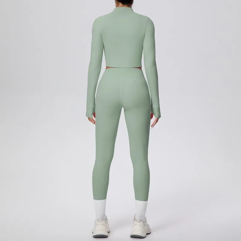 New Women Yoga Set Solid Color Double-Sided Brushed Bare Feel Short Long-Sleeve Jacket Tight Pants Running Fitness 2-Piece Set