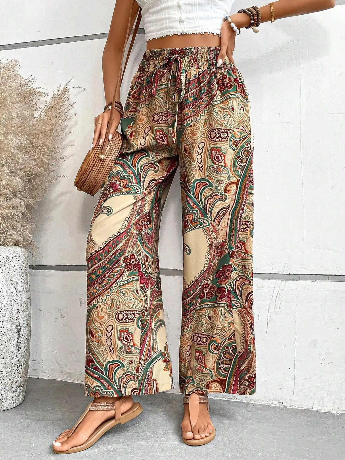 Women's 2026 Summer Versatile Printed Elastic Waist Wide Leg Pants